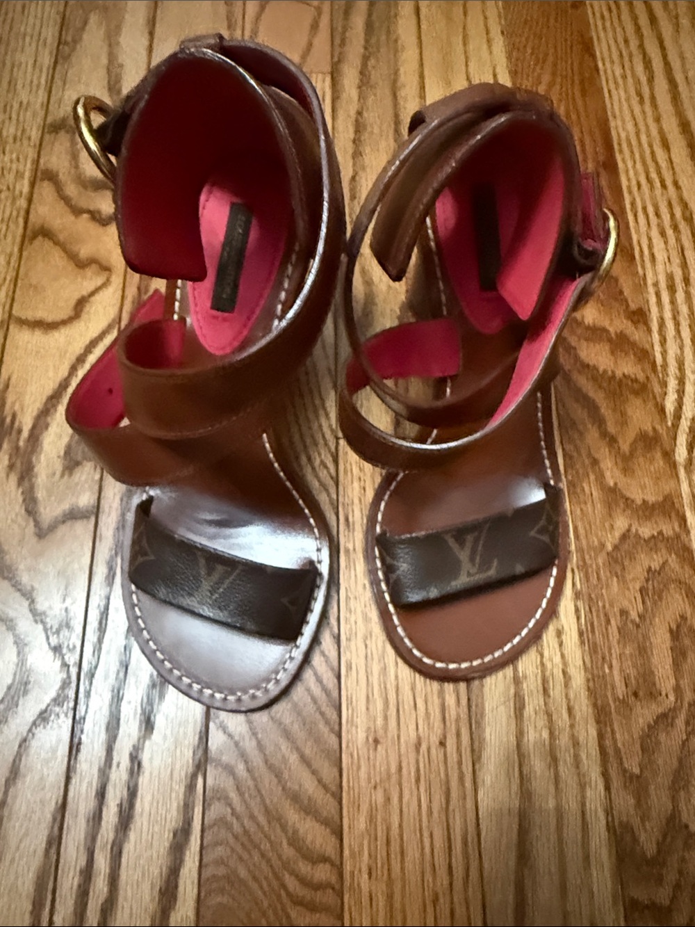 Louis Vuitton Brown Monogram Leather Heeled Sandals with Pink Lining - Picture 5 of 5